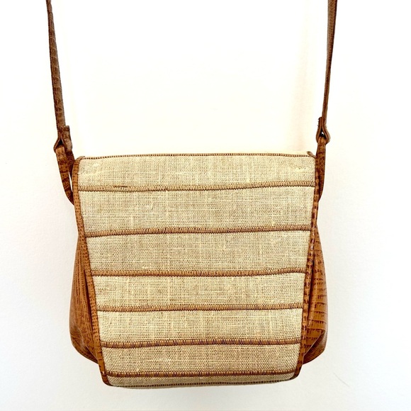 SHARIF Made in USA Python Leather & Fabric Crossbody Bag Brown/Beige EUC - Picture 3 of 14